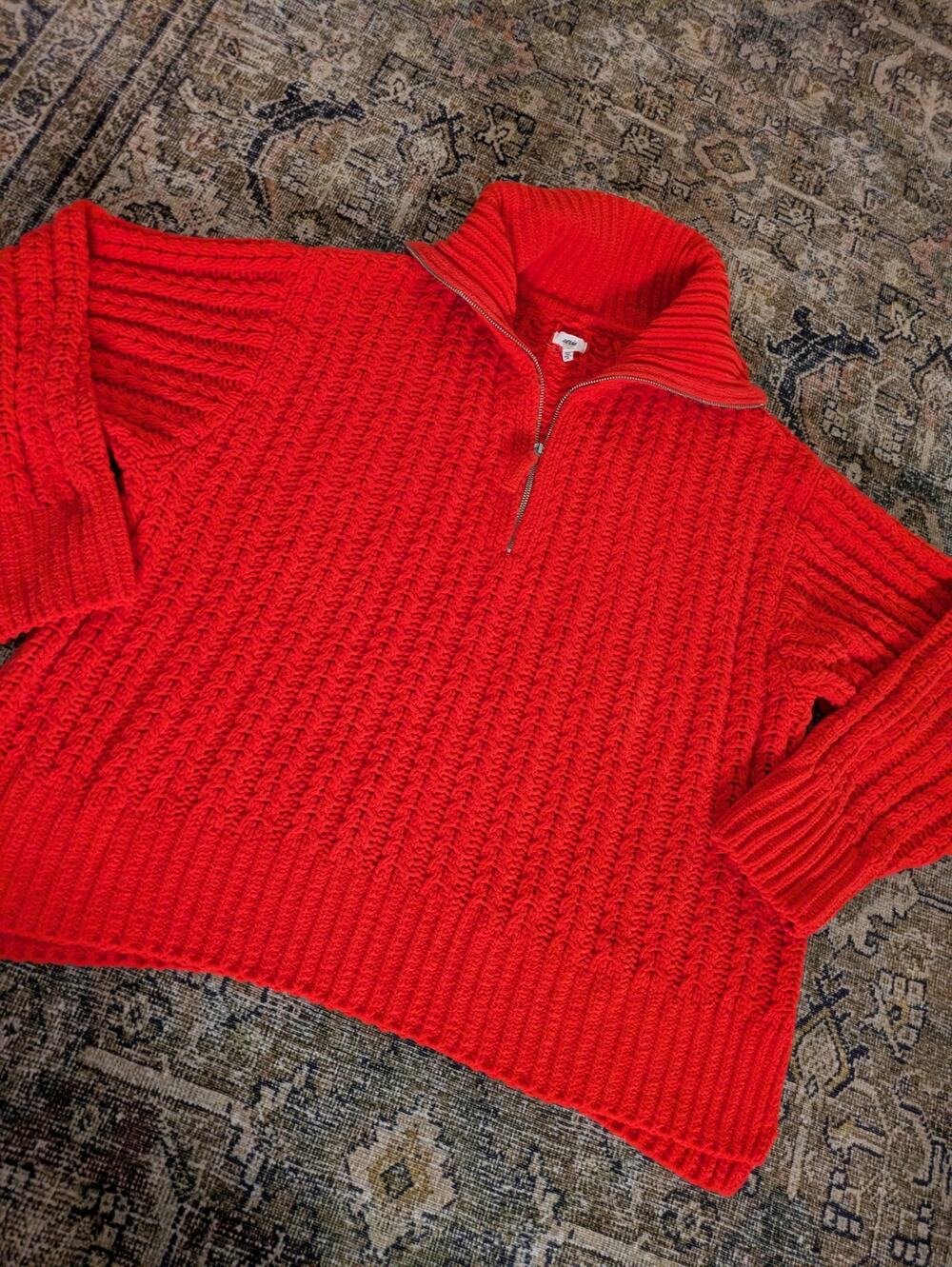 Cozy Aerie Oversized Quarter Zip Sweater Red Ribbed Cotton Size XL